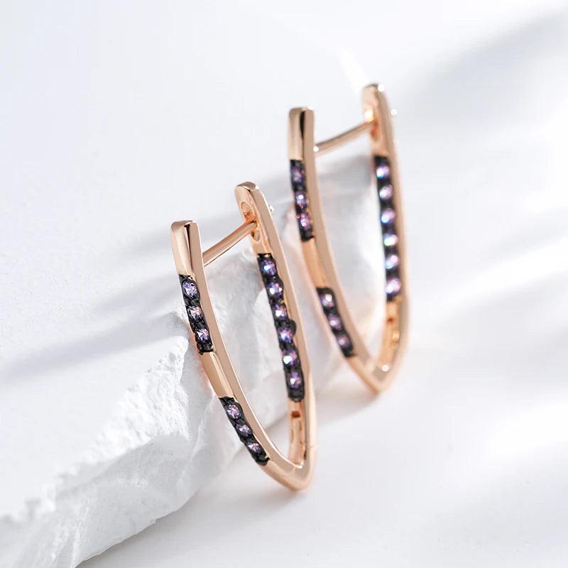 Awesome V-shaped Geometric Design Filled 14K Rose Gold Double Purple AAA Zircon Crystals Drop Quality Earrings