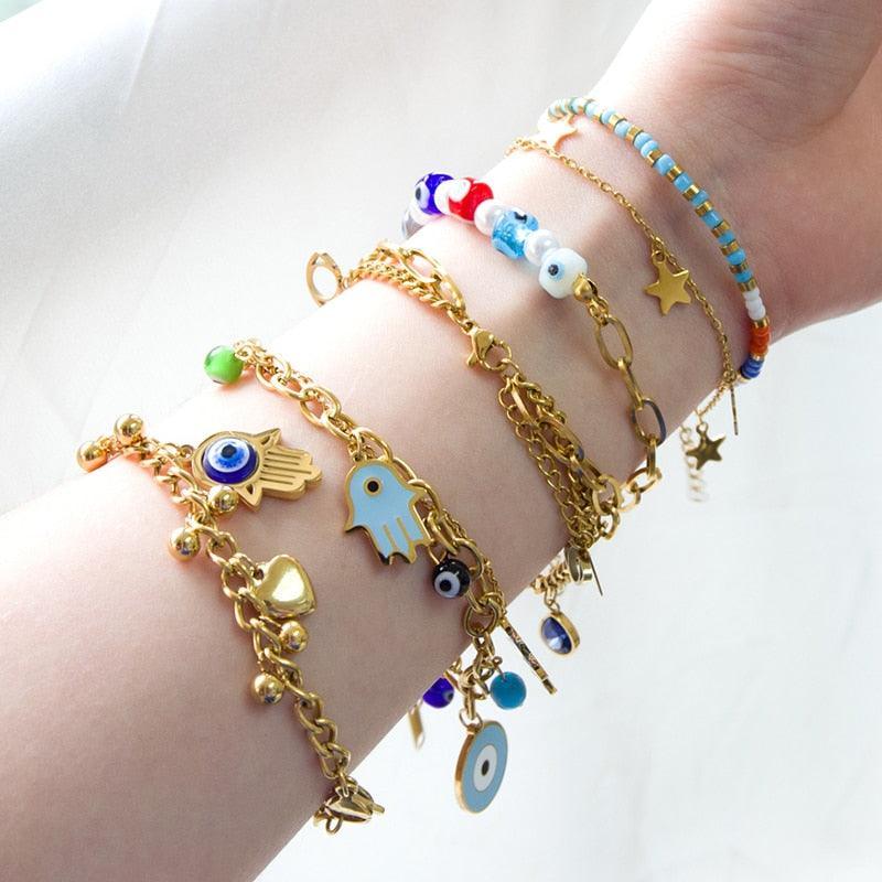 Blue Evil Eye CZ Charm Bracelets - Gold Colour Stainless Steel Drop Water Double Layer Cuban Link Jewellery - The Jewellery Supermarket