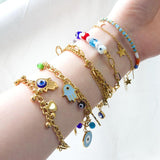 Blue Evil Eye CZ Charm Bracelets - Gold Colour Stainless Steel Drop Water Double Layer Cuban Link Jewellery - The Jewellery Supermarket