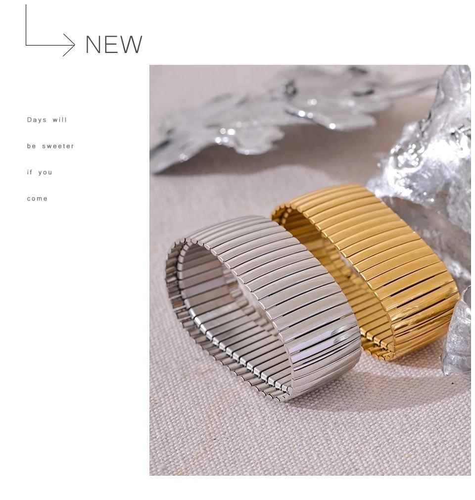 New Elastic Stainless Steel Metal Wide Big Statement Bracelet Bangle - 18K Gold Plated Hyperbole Unisex Jewellery - The Jewellery Supermarket