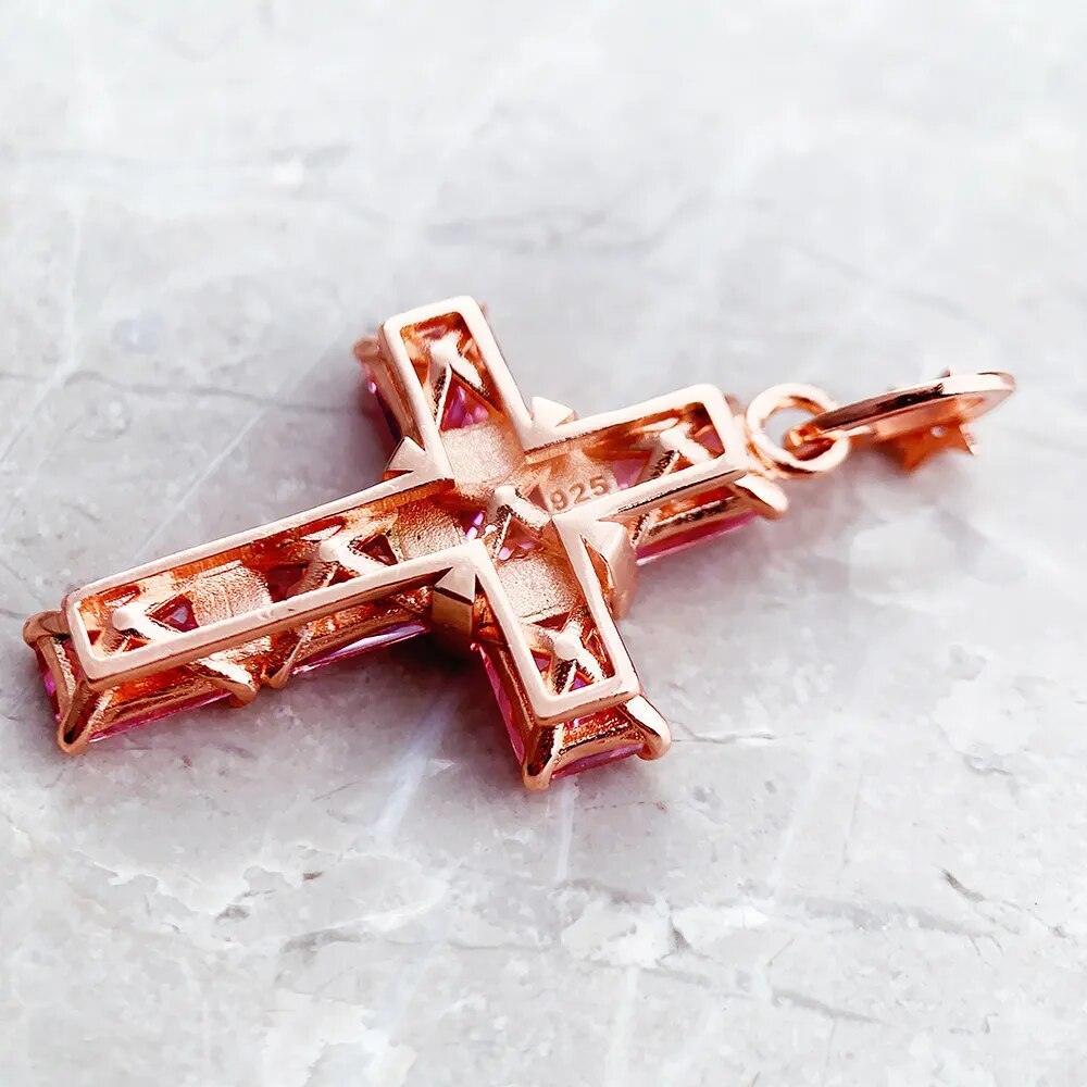 Brand New Pendant Cross With Pink AAA CZ Crystals And Star Rose Gold Plated Fine 925 Sterling Silver Jewellery - The Jewellery Supermarket