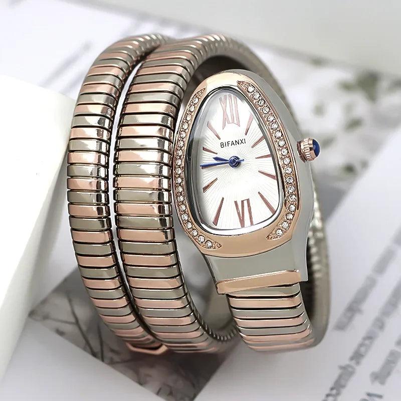 Unique Snake Shaped Design Bracelet Gold Silver Watches for Women Luxury Bangle Quartz Watches