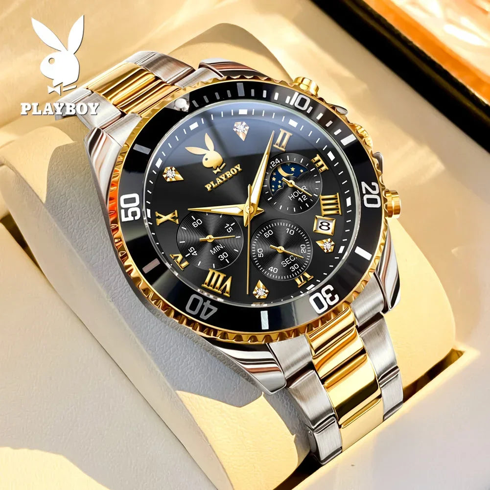 PLAYBOY Popular Original Stainless Steel Waterproof Quartz Multifunction Casual Fashion Trend Mens Watches
