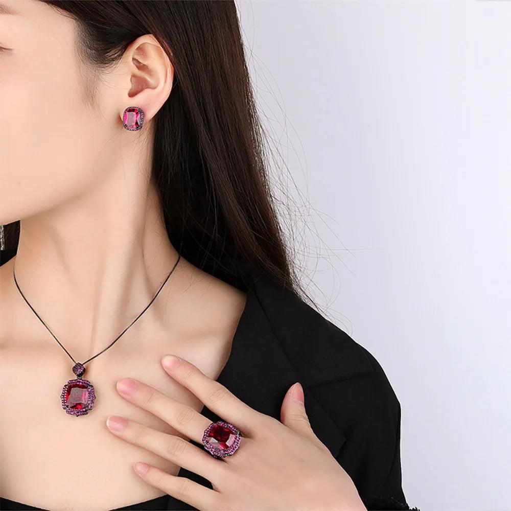 Vintage Lab Created Ruby Gemstone Necklace Ring Earrings Wedding Party Anniversary Gift Fine Jewellery Sets - The Jewellery Supermarket