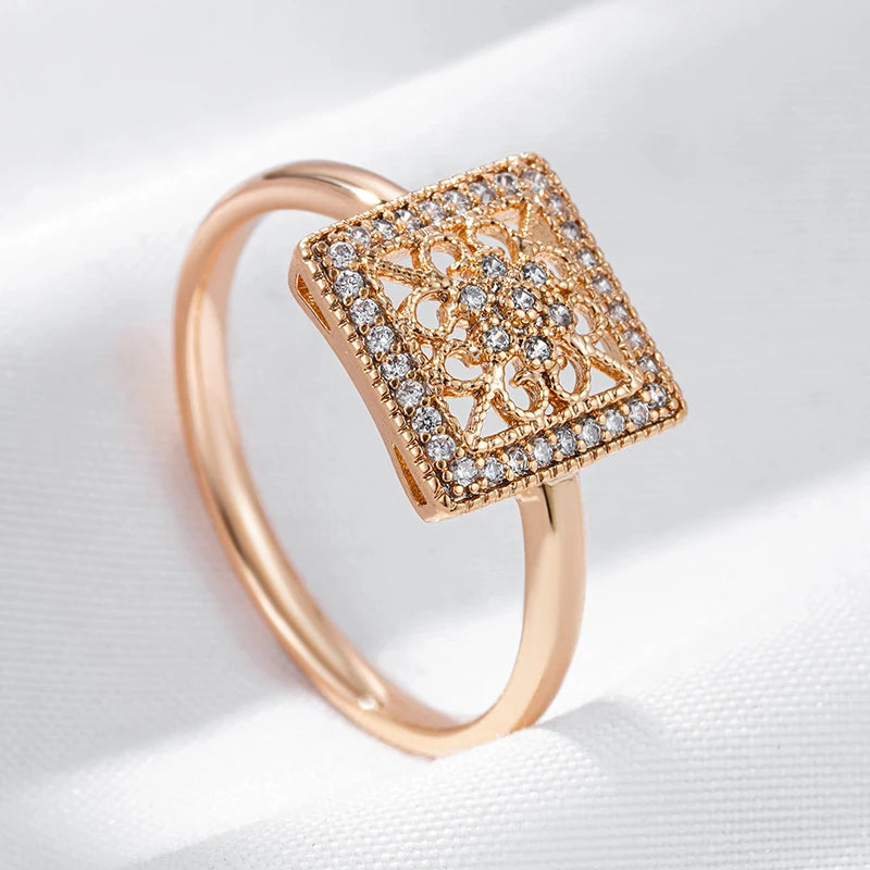 Unique Square Hollow Flower Rolled 14K Rose Gold AAA Zircon Diamonds Ring - Fashion Daily Fine Jewellery