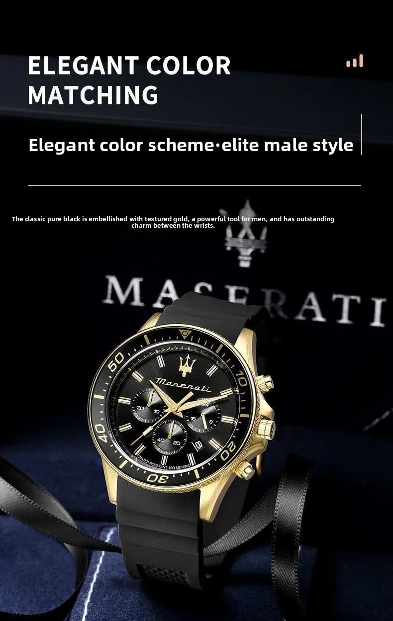 Amazing Gold Maserati Men's Watch Sports Leisure Luxury Europe and America Large Dial Black Silicone StrWatch.