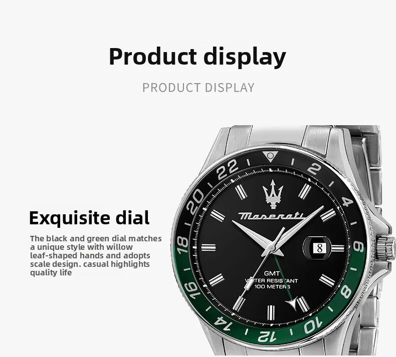 High Quality Maserati Waterproof Men's Business High-grade Green Water European and American Dial Quartz Watch