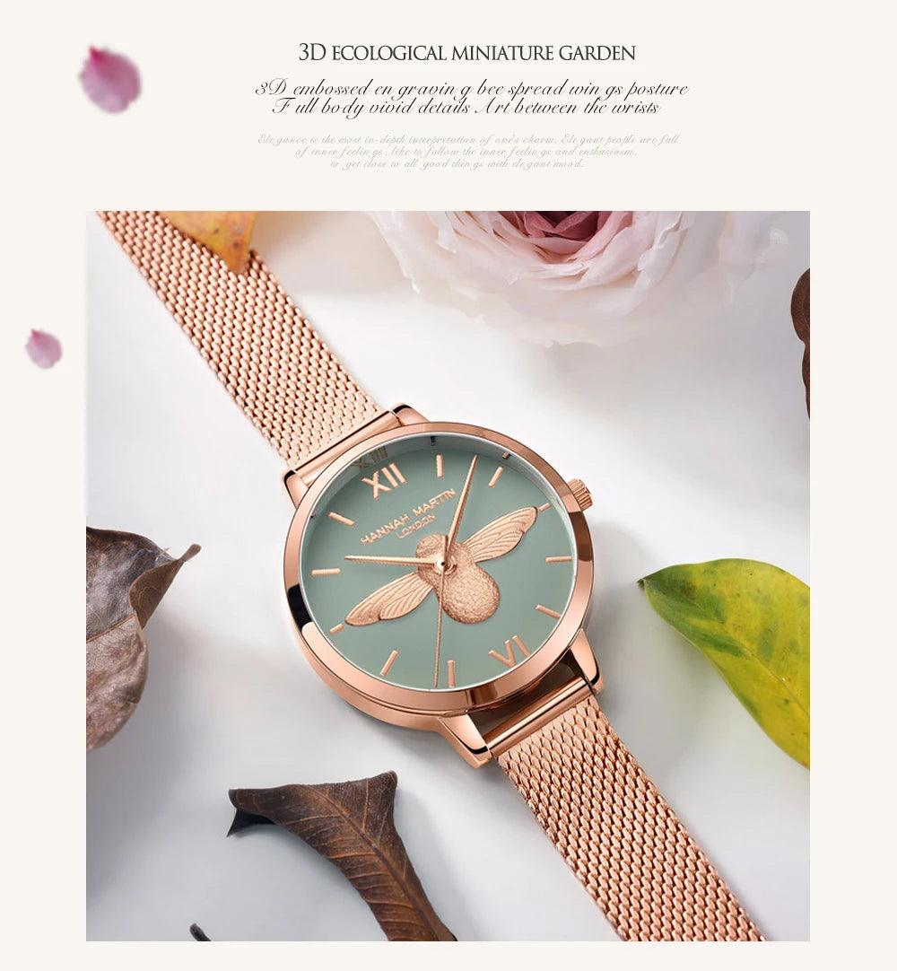Elegant Luxury 3D Engraved Bee Dial Ladies Watch Rose Gold Plated 31mm Classic Casual Dress Watch with Bracelet Set