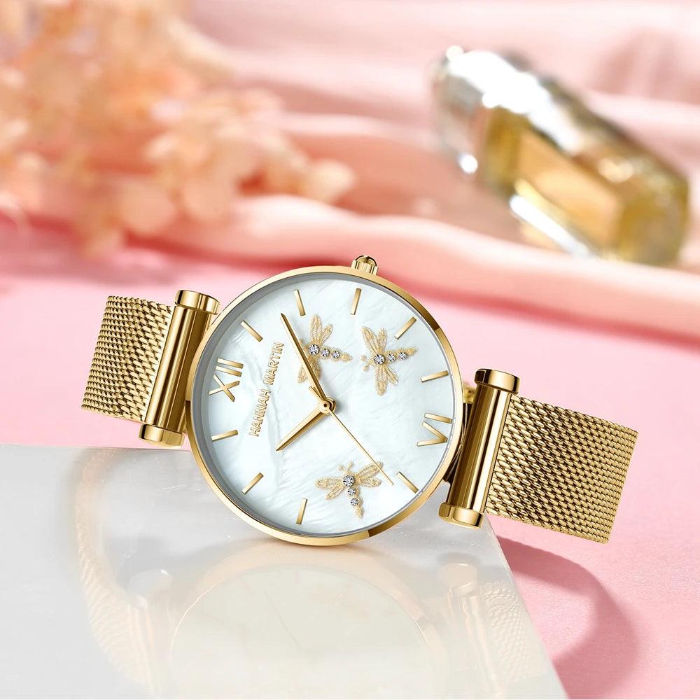 New Elegant Dragonfly Design White Oyster Pearl Shell Scallop Dial Quartz Ladies Watch Stainless Steel Women Watches