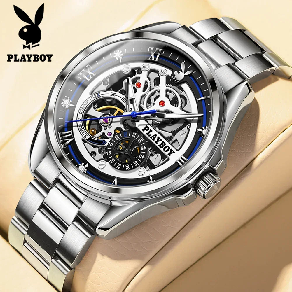 PLAYBOY Brand Skeleton Multifunction Automatic Mechanical Original Stainless Steel Fashion Luxury Watches for Men
