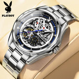 PLAYBOY Brand Skeleton Multifunction Automatic Mechanical Original Stainless Steel Fashion Luxury Watches for Men