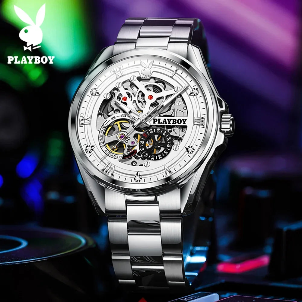 PLAYBOY Brand Skeleton Multifunction Automatic Mechanical Original Stainless Steel Fashion Luxury Watches for Men