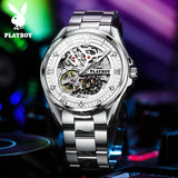 PLAYBOY Brand Skeleton Multifunction Automatic Mechanical Original Stainless Steel Fashion Luxury Watches for Men