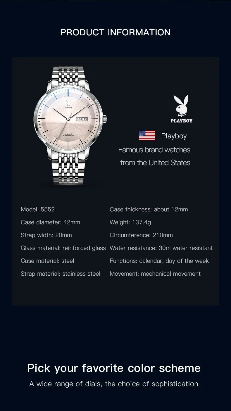 PLAYBOY Casual Simple Automatic Mechanical Men's Watches Original Waterproof Calendar High Quality Watch for Men