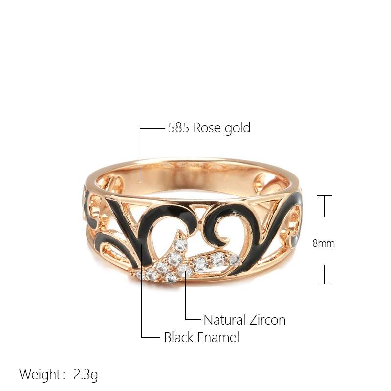 Unusual Black Enamel 14K Rolled Rose Gold AAA Zircon Diamonds Creative Ethnic Ring for Women Wedding Jewellery