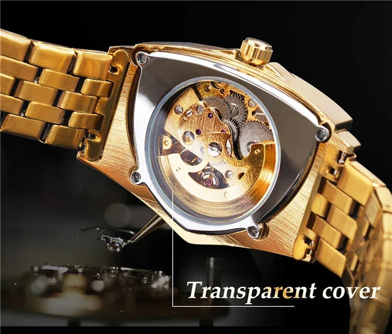 Golden Stainless Steel Waterproof Sport Transparent Triangle Skeleton Mechanical New Mens Wristwatches