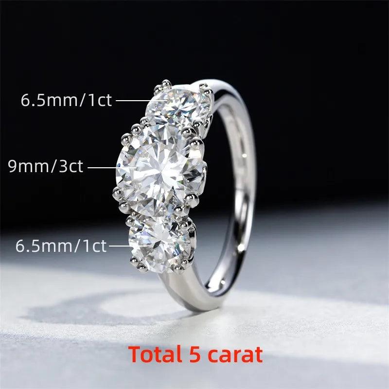 Superb 3 Stones D Colour VVS 5CT Moissanite Diamond Rings For Women Engagement Wedding Silver Certified Jewellery