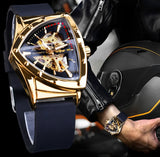 New Men's Waterproof Skeleton Watch Automatic Movement, Luminous Triangle Dial, Sport Silicone Strap Wristwatches