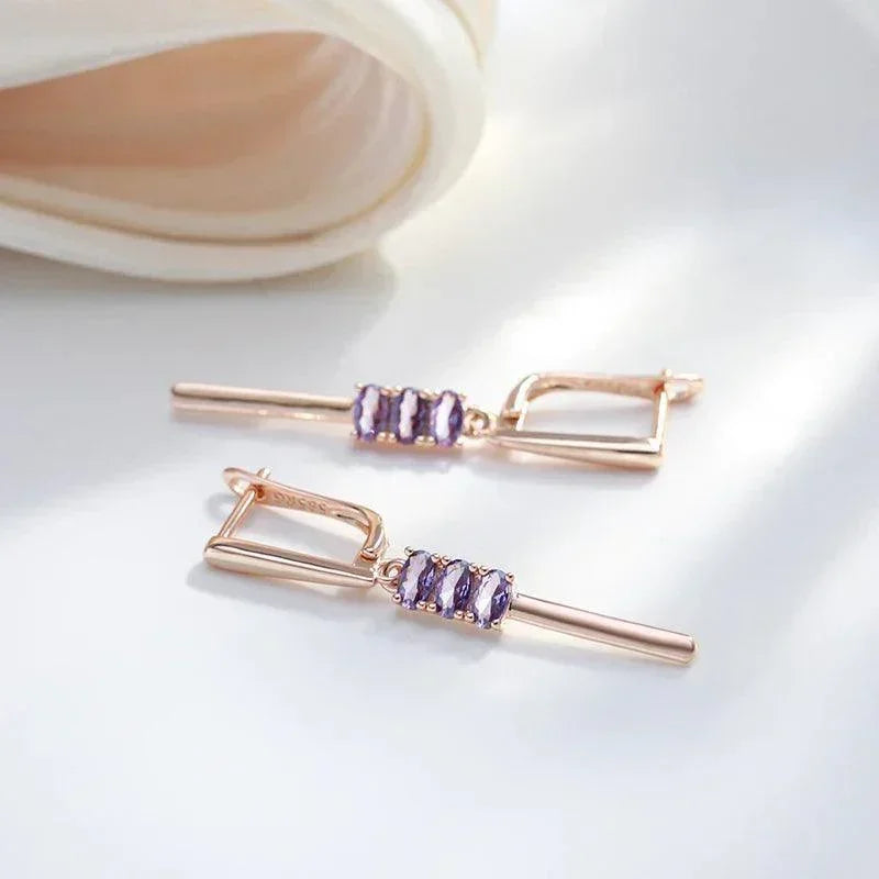 Luxury 14K Filled Rose Gold Oval Purple AAA Zircon Crystals Long Pendant Earrings - Trendy Daily Jewellery