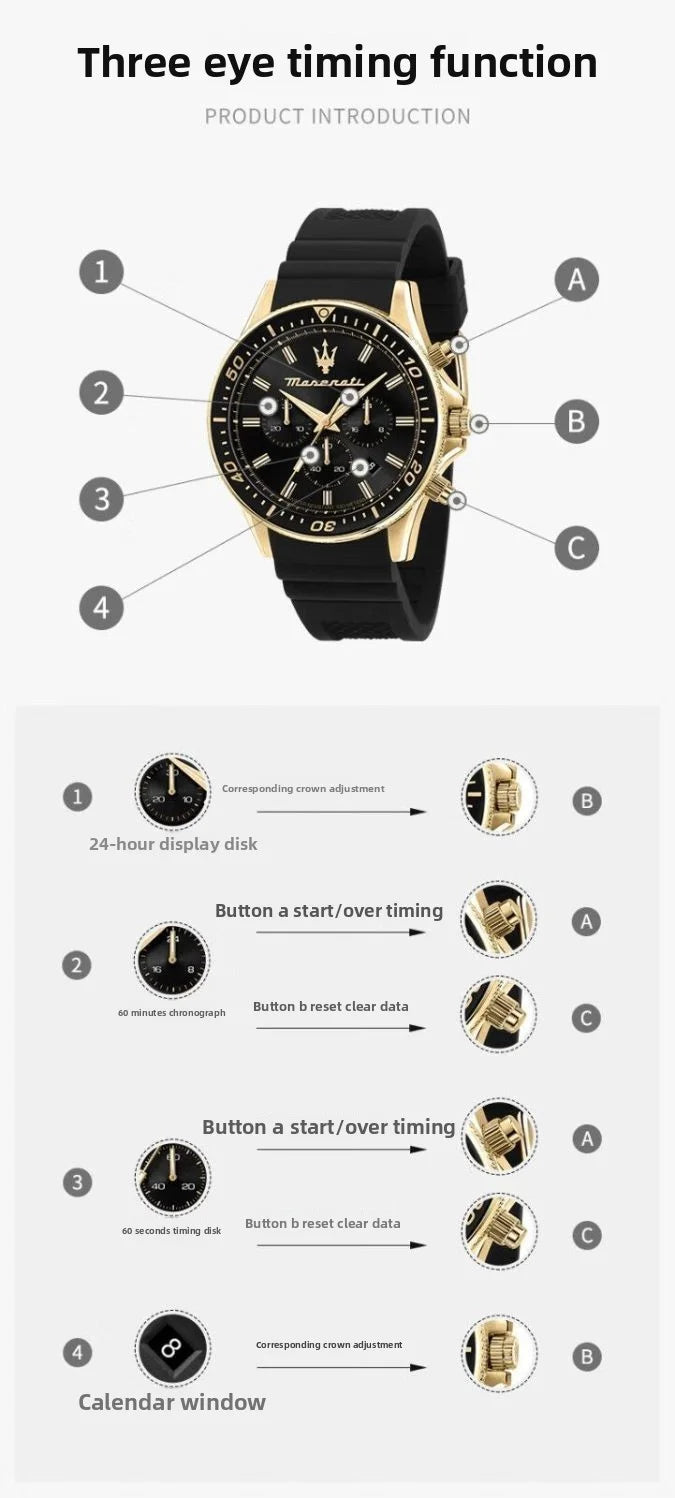 Amazing Gold Maserati Men's Watch Sports Leisure Luxury Europe and America Large Dial Black Silicone StrWatch.