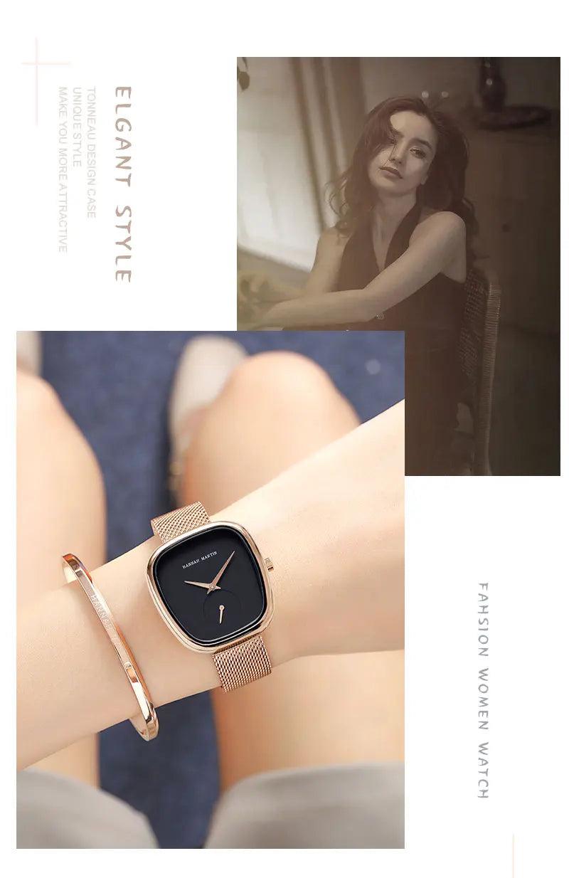 Fashionable Minimalist Style Elegant Ladie's Quartz Wristwatch Wine Barrel Rose Gold or Black Oval Women's Watches