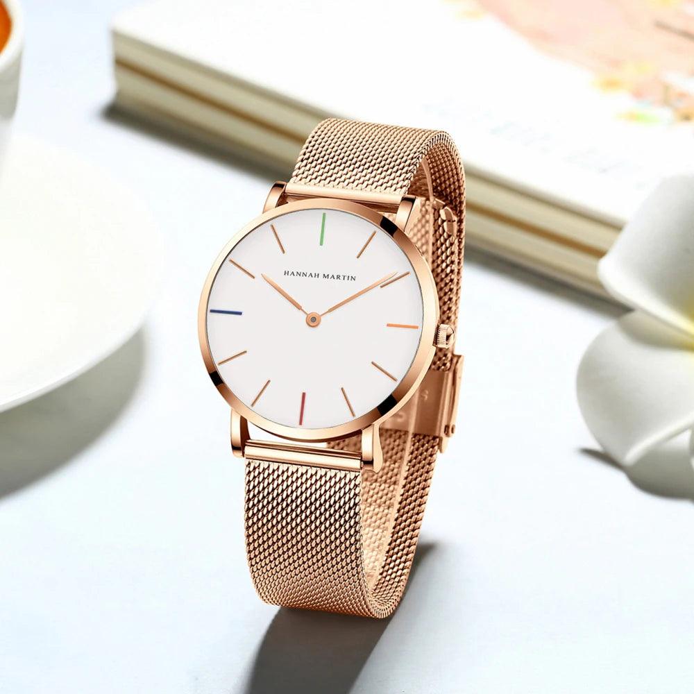 New Simple Elegant Rose Gold Tone Stainless Steel Women Bracelet Watch - Quartz Movement Steel Mesh Watches