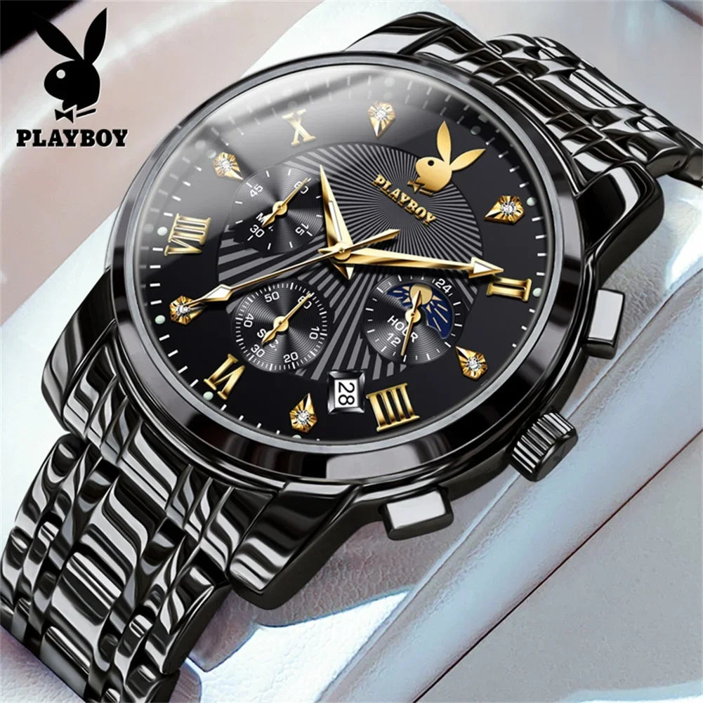 PLAYBOY Fashion Luxury Multifunction Original Waterproof Stainless Steel High Quality Quartz Watch for Men
