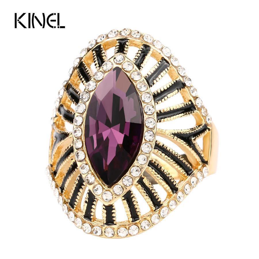 Black Enamel AAA+ CZ Zircon Gold Color Fashion Purple Crystal Glass Ring - The Jewellery Supermarket