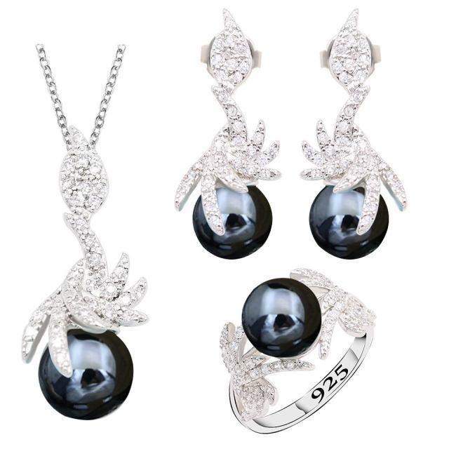 Black Pearl Silver Color Jewelry Sets for Women Earrings Necklace Pendant Ring New Arrival - The Jewellery Supermarket