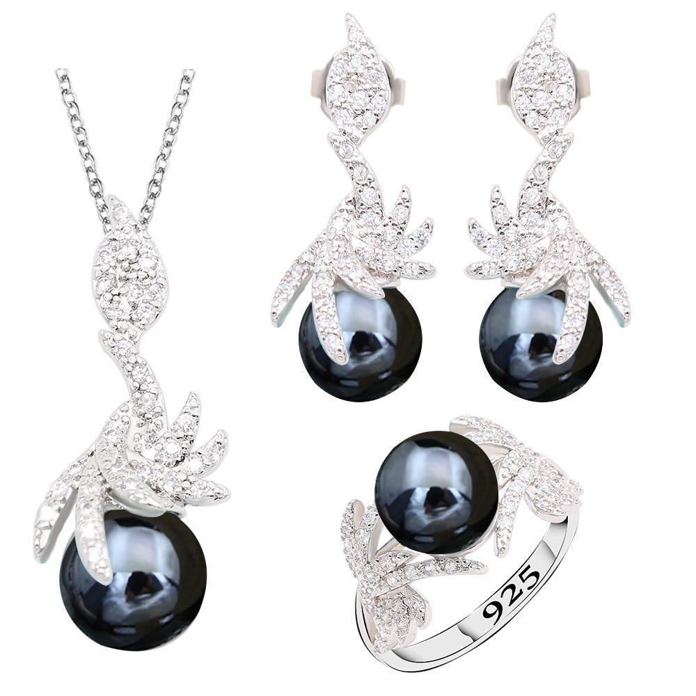 Black Pearl Silver Color Jewelry Sets for Women Earrings Necklace Pendant Ring New Arrival - The Jewellery Supermarket