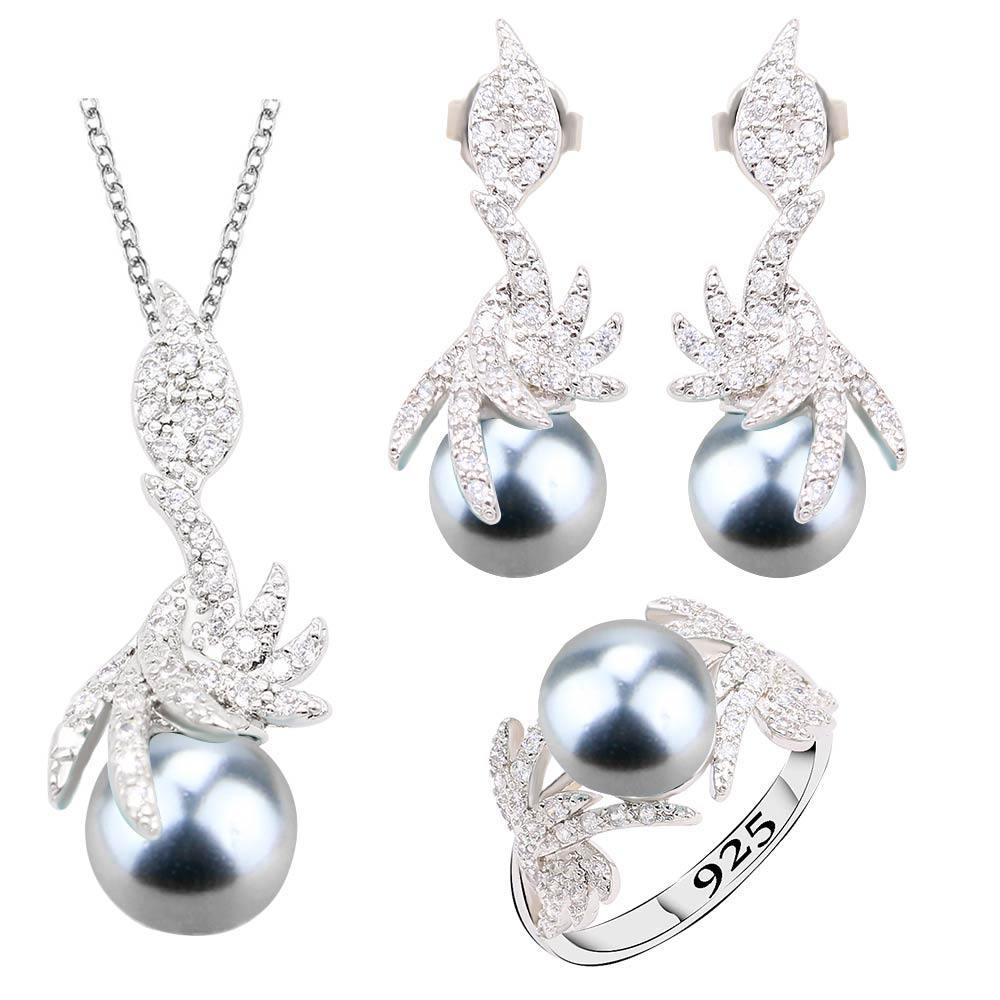 Black Pearl Silver Color Jewelry Sets for Women Earrings Necklace Pendant Ring New Arrival - The Jewellery Supermarket