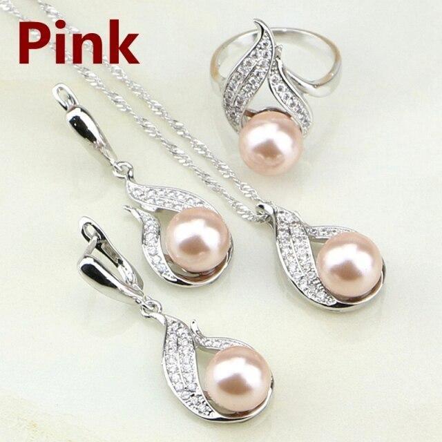 Blue Grey White Pink Pearl AAA+ Cubic Zirconia 925 Silver Jewelry Set - The Jewellery Supermarket