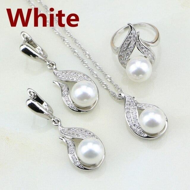 Blue Grey White Pink Pearl AAA+ Cubic Zirconia 925 Silver Jewelry Set - The Jewellery Supermarket