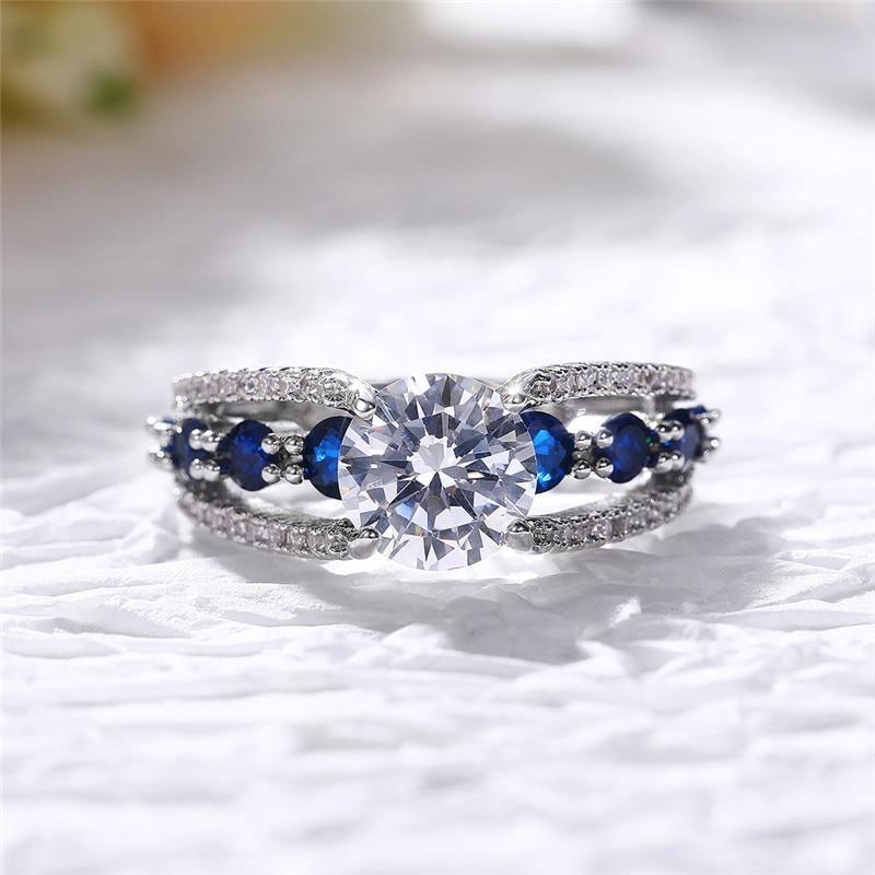 Blue/White Round AAA+ Quality CZ Crystals Novel Designed Ring - The Jewellery Supermarket
