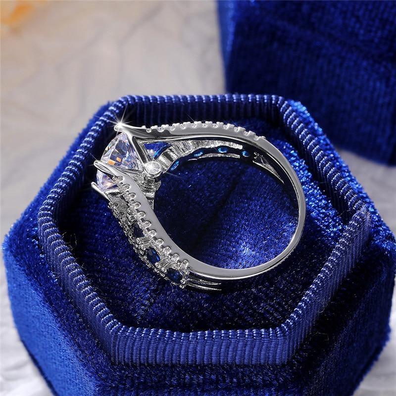 Blue/White Round AAA+ Quality CZ Crystals Novel Designed Ring - The Jewellery Supermarket