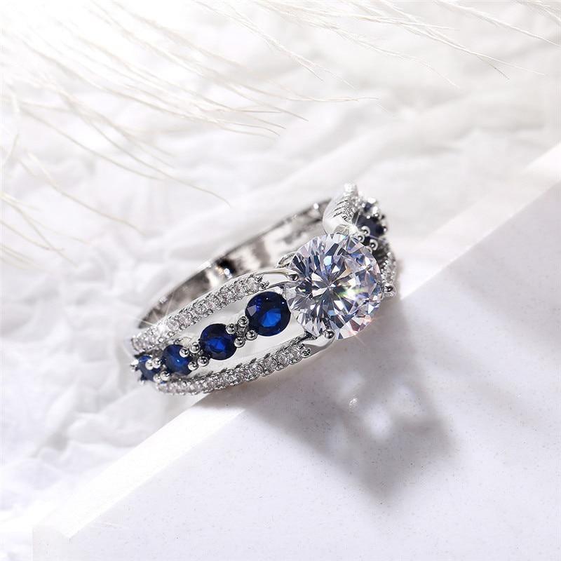 Blue/White Round AAA+ Quality CZ Crystals Novel Designed Ring - The Jewellery Supermarket