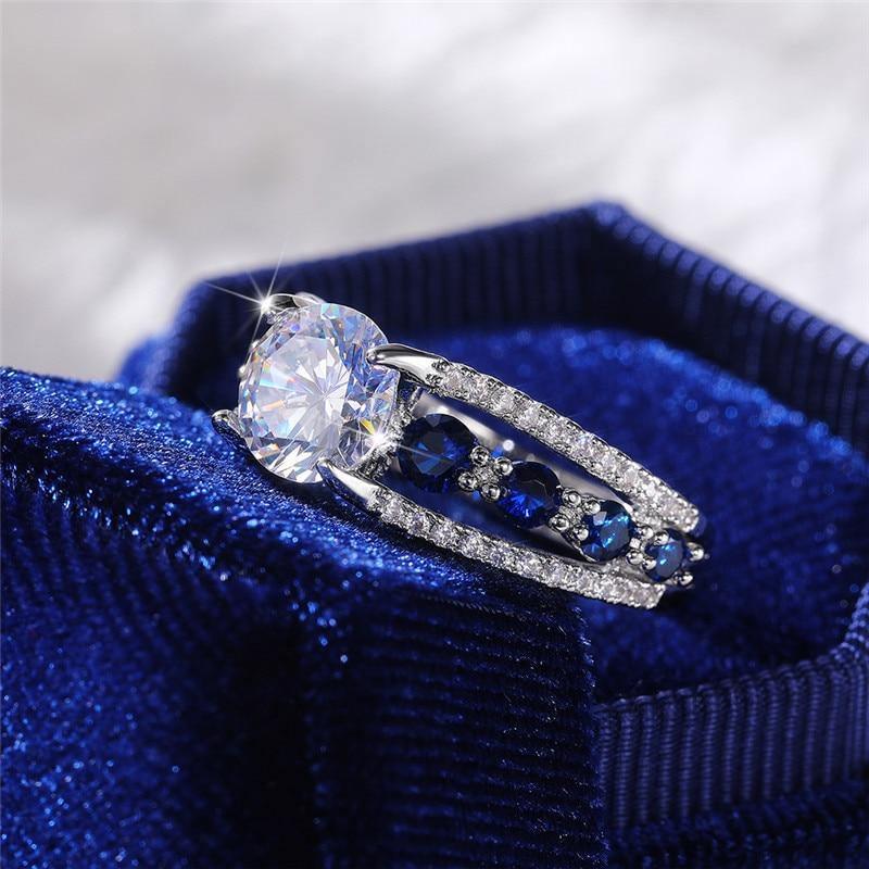 Blue/White Round AAA+ Quality CZ Crystals Novel Designed Ring - The Jewellery Supermarket