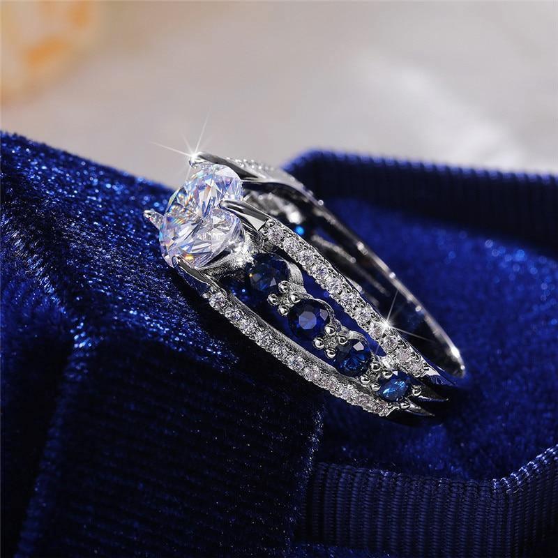 Blue/White Round AAA+ Quality CZ Crystals Novel Designed Ring - The Jewellery Supermarket