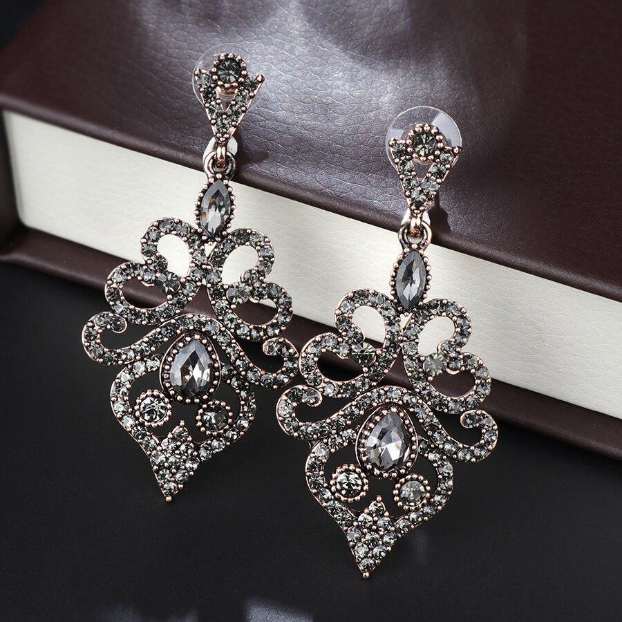 Boho Antique Gold Vintage Grey Crystal Flower Ethnic Drop Earrings - The Jewellery Supermarket