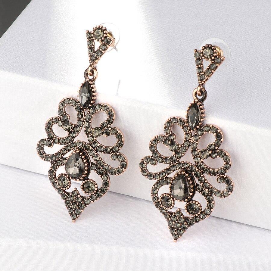 Boho Antique Gold Vintage Grey Crystal Flower Ethnic Drop Earrings - The Jewellery Supermarket
