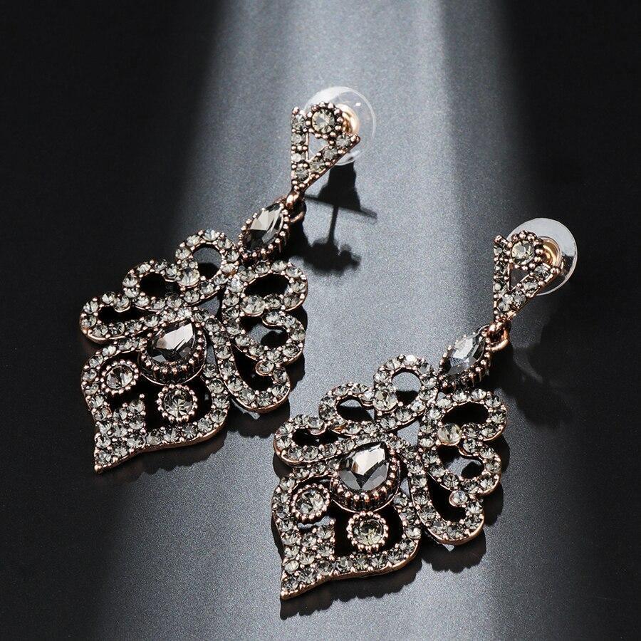 Boho Antique Gold Vintage Grey Crystal Flower Ethnic Drop Earrings - The Jewellery Supermarket
