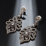 Boho Antique Gold Vintage Grey Crystal Flower Ethnic Drop Earrings - The Jewellery Supermarket