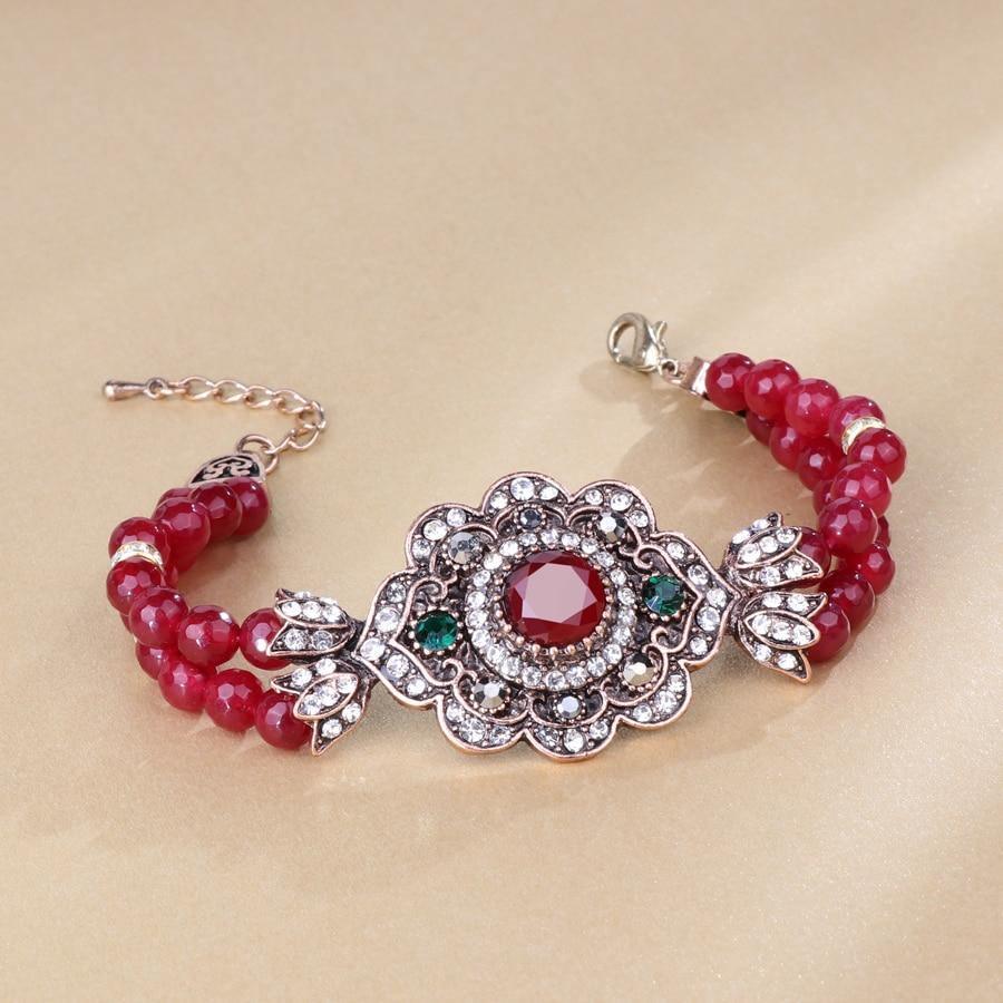 Boho Crystal Flower Fashion Antique Gold Red Natural Stone Bracelet - The Jewellery Supermarket