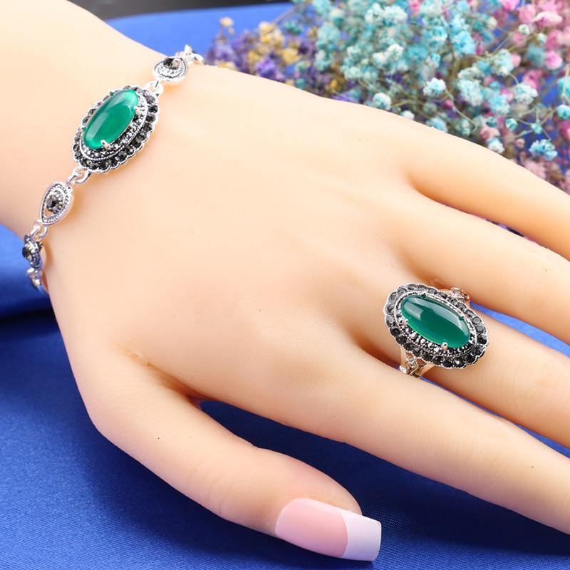 Boho Green Red Stone Necklace And Earring Bracelet Ring Jewellery - The Jewellery Supermarket