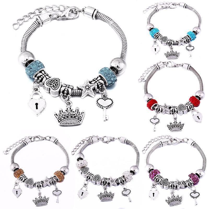 Crown Charm Lobster Buckle Snake Chain Beaded Bangles - The Jewellery Supermarket