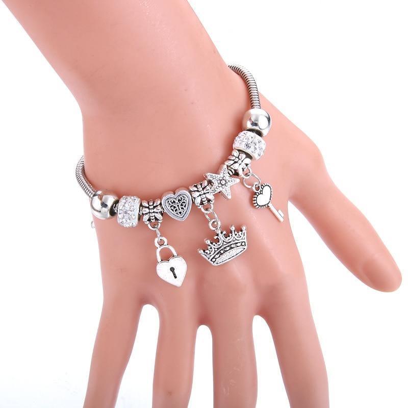 Crown Charm Lobster Buckle Snake Chain Beaded Bangles - The Jewellery Supermarket
