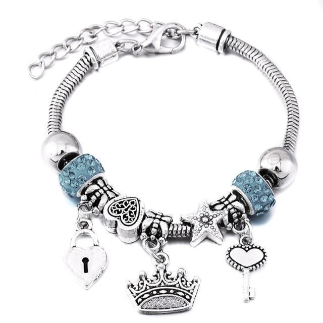 Crown Charm Lobster Buckle Snake Chain Beaded Bangles - The Jewellery Supermarket