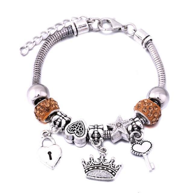 Crown Charm Lobster Buckle Snake Chain Beaded Bangles - The Jewellery Supermarket