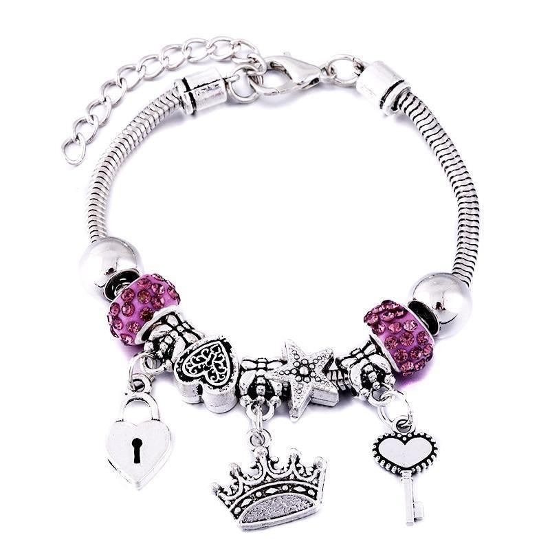 Crown Charm Lobster Buckle Snake Chain Beaded Bangles - The Jewellery Supermarket