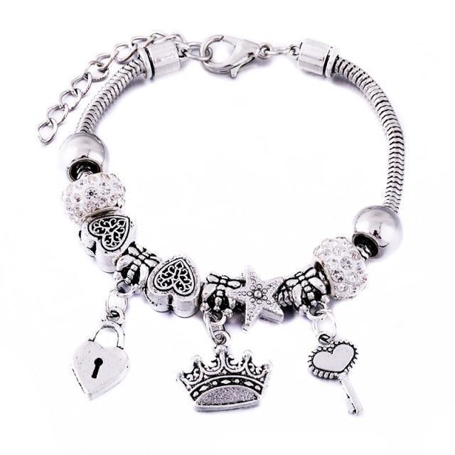 Crown Charm Lobster Buckle Snake Chain Beaded Bangles - The Jewellery Supermarket